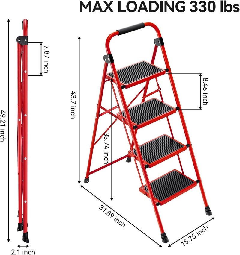 KINGRACK 4 Step Ladder, Folding Step Stool with Anti-Slip and Wide Pedal, Lightweight Stepladder with Handrails, Portable for Kitchen, Household, Red - Image 5